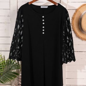 L-6XL Geometric Translucent Sleeve Blouse Casual Button Women Top Blouses Ruffled Long Sleeve Shirt, Shirts & Blouses, color:Black|size:6XL, JustFashionNow