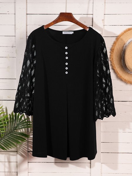 L-6XL Geometric Translucent Sleeve Blouse Casual Button Women Top Blouses Ruffled Long Sleeve Shirt, Shirts & Blouses, color:Black|size:6XL, JustFashionNow