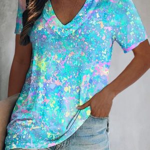 Casual V Neck Ombre T-Shirt, T-Shirts, color:Blue|size:XXL, JustFashionNow