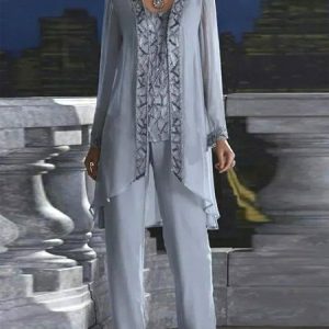 Lace Chiffon Elegant Matching Outfit 3-Piece Set, Suit Set, color:Light Blue|size:XXL, JustFashionNow