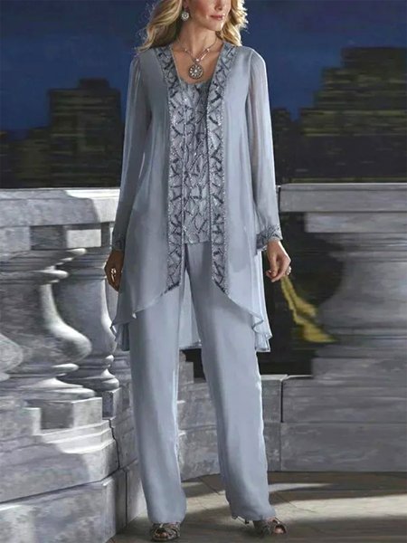 Lace Chiffon Elegant Matching Outfit 3-Piece Set, Suit Set, color:Light Blue|size:XXL, JustFashionNow