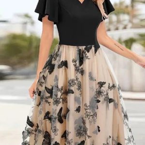 Georgette Vacation Butterfly Dress With No, Dresses, color:Black|size:XXL, JustFashionNow