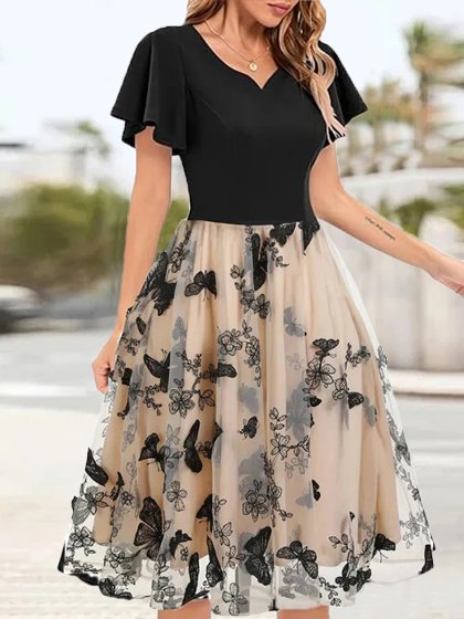 Georgette Vacation Butterfly Dress With No, Dresses, color:Black|size:XXL, JustFashionNow