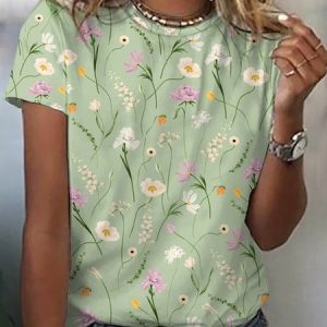 Casual Floral Knitted T-Shirt, T-Shirts, color:Green|size:XXL, JustFashionNow