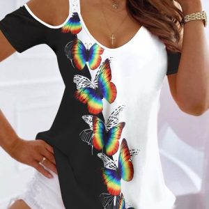V Neck Casual Colorblock Butterfly T-Shirt, T-Shirts, color:Black|size:XXL, JustFashionNow