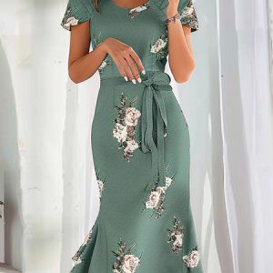 Crew Neck Elegant Cotton-Blend Floral Dress, Dresses, color:Green|size:XXL, JustFashionNow