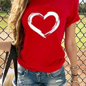 Vintage Short Sleeve Love Heart Printed Plus Size Casual Tops, T-Shirts, color:Red|size:3XL, JustFashionNow