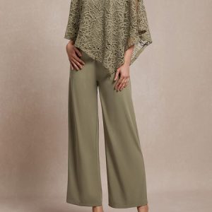 Lace crew neck top trousers set, Suit Set, color:Champagne|size:XXL, JustFashionNow
