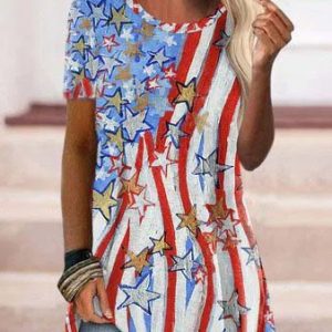 JFN Round Neck American Flag Casual Tunic Tops, T-Shirts, color:Multicolor|size:XXL, JustFashionNow