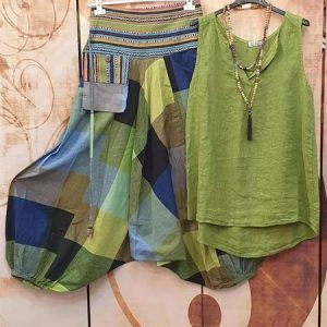 JFN Cotton & Linen V Neck Color Block Causal Sleeveless Casual Two Pieces Set, Suit Set, color:Green|size:XXL, JustFashionNow