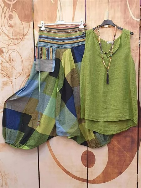 JFN Cotton & Linen V Neck Color Block Causal Sleeveless Casual Two Pieces Set, Suit Set, color:Green|size:XXL, JustFashionNow