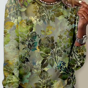 Women's Long Sleeve Blouse Spring/Fall Plants Crew Neck Daily Going Out Casual Top, JustFashionNow Blouses, color:Green|size:5XL,