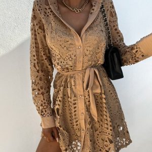 Shirt Collar Lace Plain Elegant Dress With Belt, Dresses, color:Khaki|size:3XL, JustFashionNow