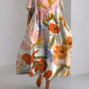 Crew Neck Casual Floral Dress, Dresses, color:Orange|size:XXL, JustFashionNow