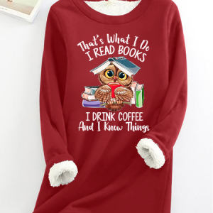 Women's Owl Coffe Book Funny Crew Neck Text Letters Simple Loose Fleece Sweatshirt, Hoodies&Sweatshirts, Lilicloth.com