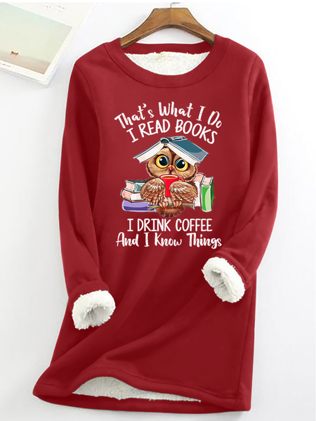 Women's Owl Coffe Book Funny Crew Neck Text Letters Simple Loose Fleece Sweatshirt, JustFashionNow Sweatshirts & Hoodies, color:Red|size:3XL,