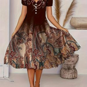 V Neck Paisley Elegant Midi Dress, Dresses, color:Brown|size:XXL, JustFashionNow