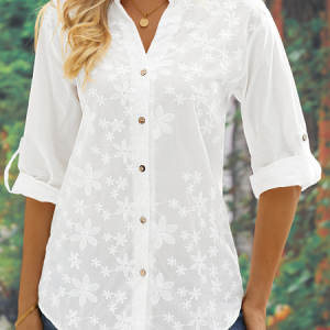 JFN Women's Lace Stitching Cotton Long Sleeve Shirt, JustFashionNow Shirts, color:White|size:XXL,