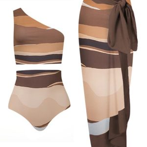 Vacation Abstract Printing One Shoulder Bikini With Cover Up, swimwear>>Tankinis, color:Multicolor|size:XXL, JustFashionNow