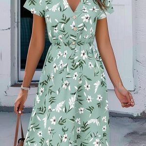 Casual V Neck Floral Dress With No, Dresses, color:Green|size:XXL, JustFashionNow