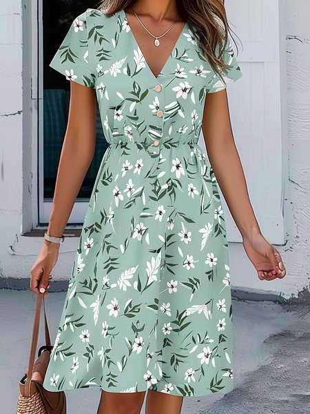 Casual V Neck Floral Dress With No, Dresses, color:Green|size:XXL, JustFashionNow