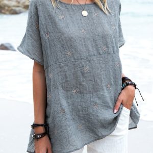 Casual Short Sleeve Scoop Neckline Embroidered Tops, Shirts & Blouses, color:Gray|size:3XL, JustFashionNow