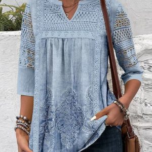 Women's Three Quarter Sleeve Blouse Spring/Fall Plain V Neck Daily Going Out Casual Top, JustFashionNow Shirts & Blouses, color:Blue|size:XXL,