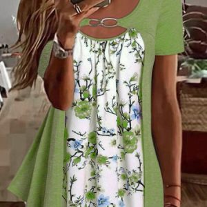 JFN Casual Floral Design Short Sleeve Top, Shirts & Blouses, color:Green|size:XXL, JustFashionNow