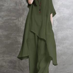 JFN Cotton & Linen Minimalist Plain Half Sleeve Loose Asymmetrical Shirt & Pants 2Pcs Set, Suit Set, color:Army Green|size:5XL, JustFashionNow