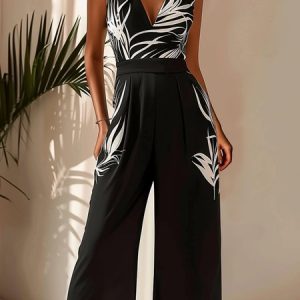 Loose Vacation V Neck Floral Jumpsuit, Jumpsuitsпј†Rompers, color:Black|size:XXL, JustFashionNow