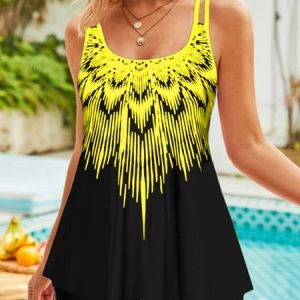 Vacation Ethnic Printing Scoop Neck Tankini, swimwear>>Tankinis, color:Yellow|size:S, JustFashionNow