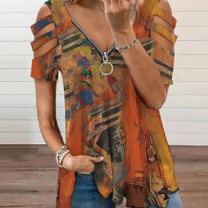 Ladies Vintage Abstract Print Zip Up Top, Shirts & Blouses, color:Multicolor|size:XXL, JustFashionNow