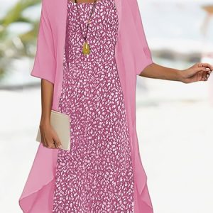Vacation Loose Crew Neck Floral Two-Piece Set, Casual Dresses, color:Pink|size:XXL, JustFashionNow