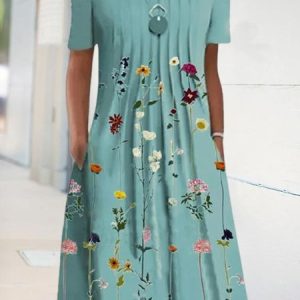Floral Tunic Round Neckline Midi A-line Dress, Dresses, color:Green|size:XXL, JustFashionNow