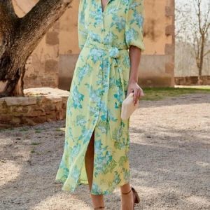 Puff Sleeve Elegant Loose Shawl Collar Floral Dress With Belt, Dresses, color:Green|size:XXL, JustFashionNow