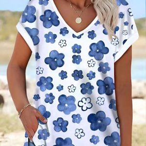 JFN V Neck Floral Cap Sleeves Casual T-Shirt/Tee, T-Shirts, color:Multicolor|size:XXL, JustFashionNow