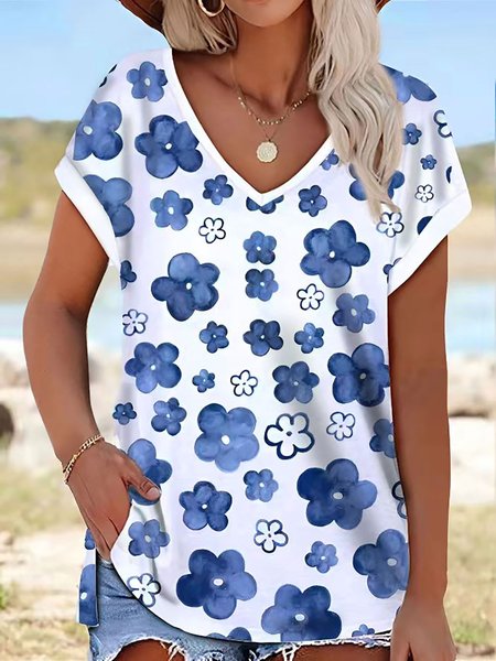 JFN V Neck Floral Cap Sleeves Casual T-Shirt/Tee, T-Shirts, color:Multicolor|size:XXL, JustFashionNow