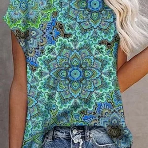 Floral Cotton Blends Vacation Shirts & Tops, T-Shirts, color:Green|size:XXL, JustFashionNow