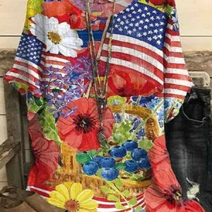 JFN Crew Neck Floral And Flag Casual Batwing Sleeve Top, Shirts & Blouses, color:Multicolor|size:XXL, JustFashionNow