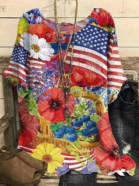 JFN Crew Neck Floral And Flag Casual Batwing Sleeve Top, Shirts & Blouses, color:Multicolor|size:XXL, JustFashionNow