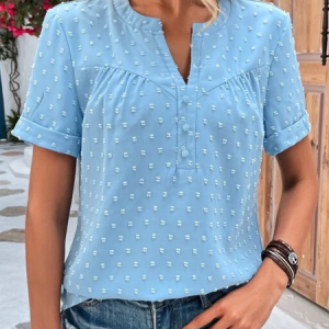 V Neck Plain Vacation Shirt, Shirts & Blouses, color:Blue|size:XXL, JustFashionNow