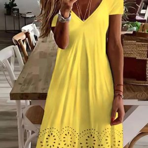 JFN V Neck Plain Summer Casual Mini Prom Dress, Dresses, color:Yellow|size:XXL, JustFashionNow