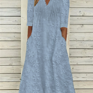 Women Elegant Plain V Neck Button Pockets Lace Floral Loose Cotton And Linen Dress, Midi Dresses, Roselinlin - Online Catalog
