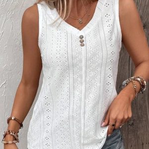 Loose V Neck Casual Buttoned Eyelet Embroidery  Front Tank Top, Tanks & Camis, color:White|size:XXL, JustFashionNow