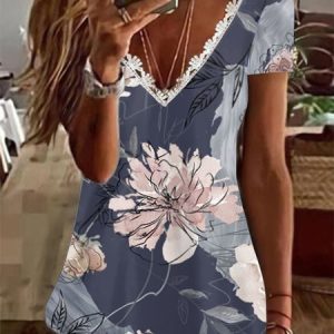 Regular Fit Cotton Blends Floral Casual lace stitching Shirts & Tops, T-Shirts, color:Purplish blue|size:3XL, JustFashionNow