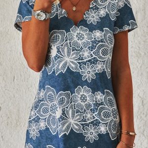 V Neck Casual Floral Long Sleeve Tops, T-Shirts, color:Blue|size:XXL, JustFashionNow