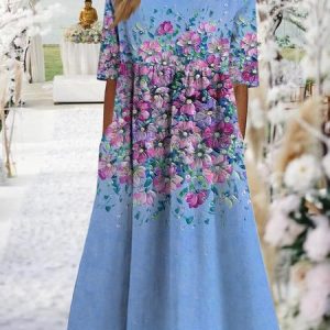 Oil painting flower gradient series X-shaped a-hem loose Long Dress Plus Size, Dresses, color:Blue|size:XXL, JustFashionNow