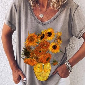 Vintage Art  Classic Floral Vacation V Neck Short Sleeve T-shirt, T-Shirts, color:Khaki|size:3XL, JustFashionNow