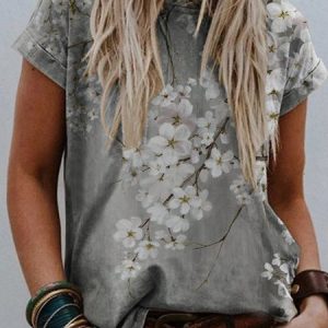 Casual Floral Design Crew Neck Knitted T-shirt, T-Shirts, color:Gray|size:XXL, JustFashionNow