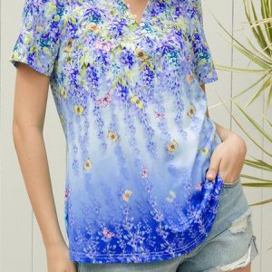 Loose Casual V Neck Floral T-Shirt, T-Shirts, color:Purple|size:XXL, JustFashionNow